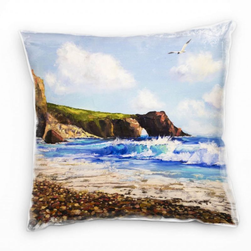 Strand und Meer, blau, beige, Wellen, Möwe, gemalt Deko Kissen 40x40cm für Couch Sofa Lounge Zierkis