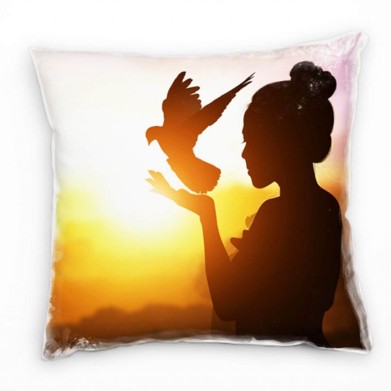 Tiere, Silhouette, Taube, Frau, Sonnenuntergang, orange Deko Kissen 40x40cm für Couch Sofa Lounge Zi