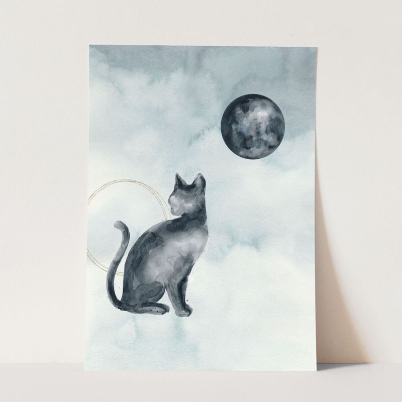 Wandbild Tier Motiv Katze Vollmond Mond Wasserfarben Mystisch Astrologie