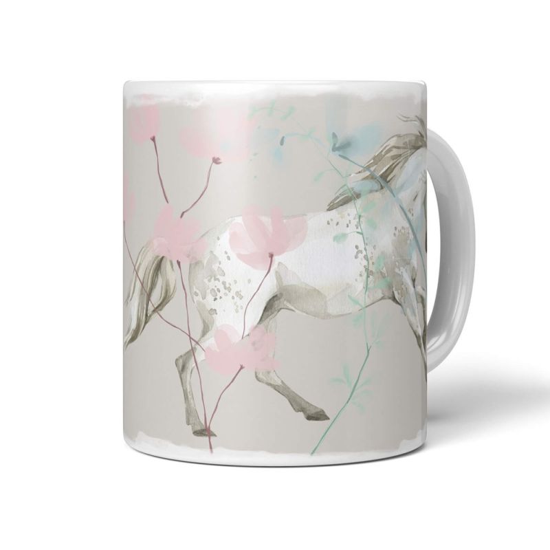 Tasse Porzellan Tier Motiv weißes Pferd Wild Aquarell Kunstvoll Wasserfarben