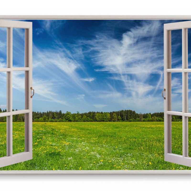 Wandbild 120x80cm Fensterbild Grüne Wiese Sommer blauer Himmel Landschaft