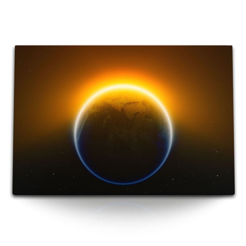 120x80cm Wandbild auf Leinwand Weltall Erde Planet Sterne Sonnenstrahlen Kosmos