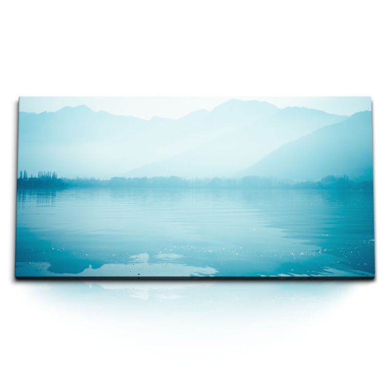 Kunstdruck Bilder 120x60cm Natur See Hellblau Berge Nebel Blau