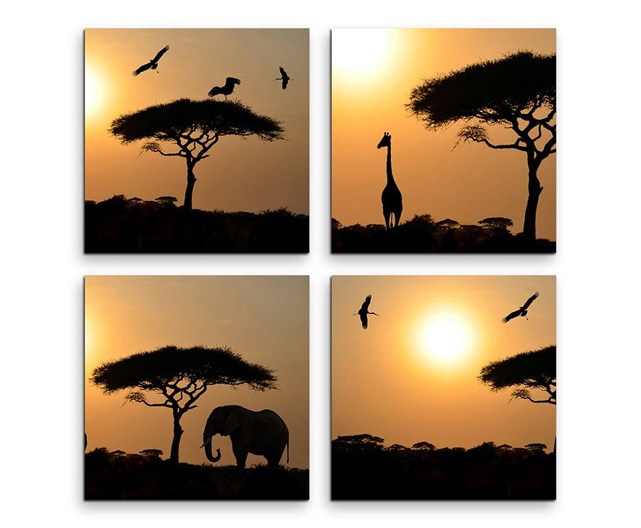 4 teiliges Leinwandbild je 30x30cm  –  Akazienbaum Afrika Sonnenuntergang Wüste Giraffe Elefant