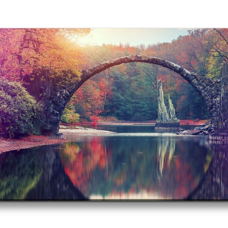 Leinwandbild 120x60cm Brücke Steinbrücke Natur Fluss Herbst Schön Herr der Ringe