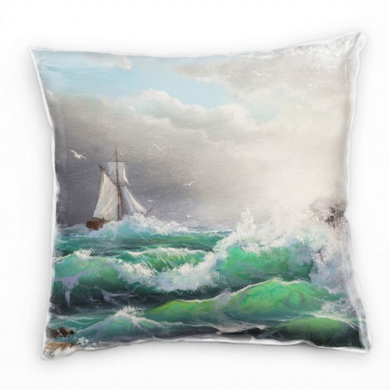 Meer, Wellen, Segelboot, gemalt, grün, braun Deko Kissen 40x40cm für Couch Sofa Lounge Zierkissen