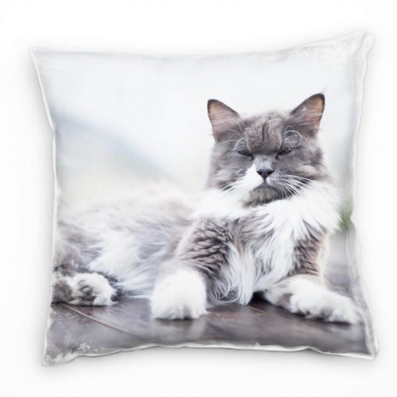 Tiere, liegende Katze, grau, weiß, braun Deko Kissen 40x40cm für Couch Sofa Lounge Zierkissen