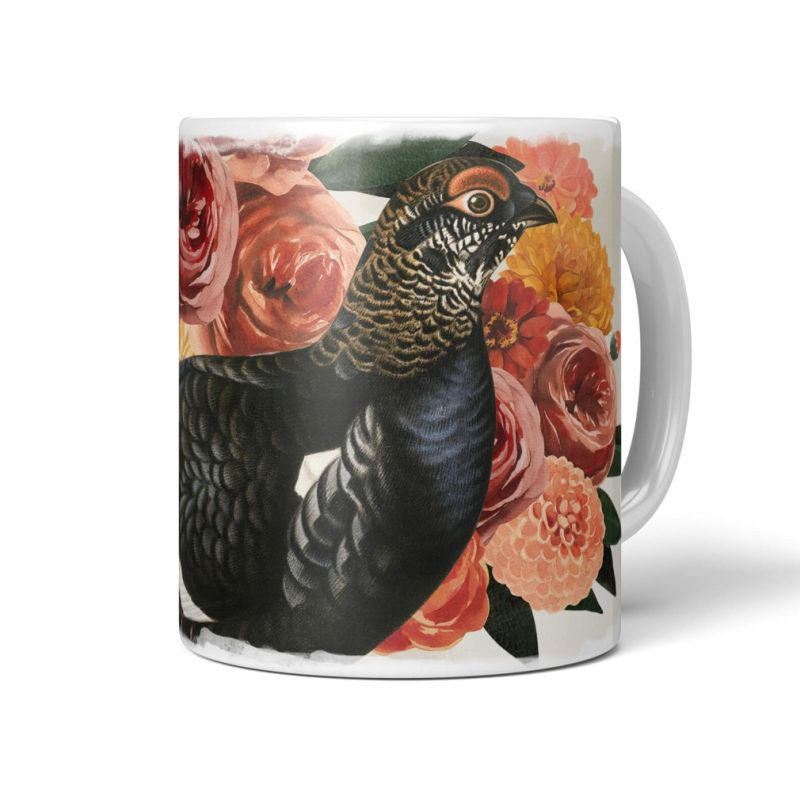 Dekorative Tasse mit schönem Vogel Motiv Birkhuhn Wildhuhn Blumenstrauß Rosen Kunstvoll