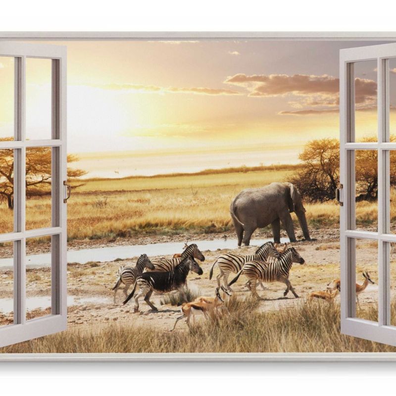 Wandbild 120x80cm Fensterbild Afrika Safari Tiere Natur Elefant Zebras