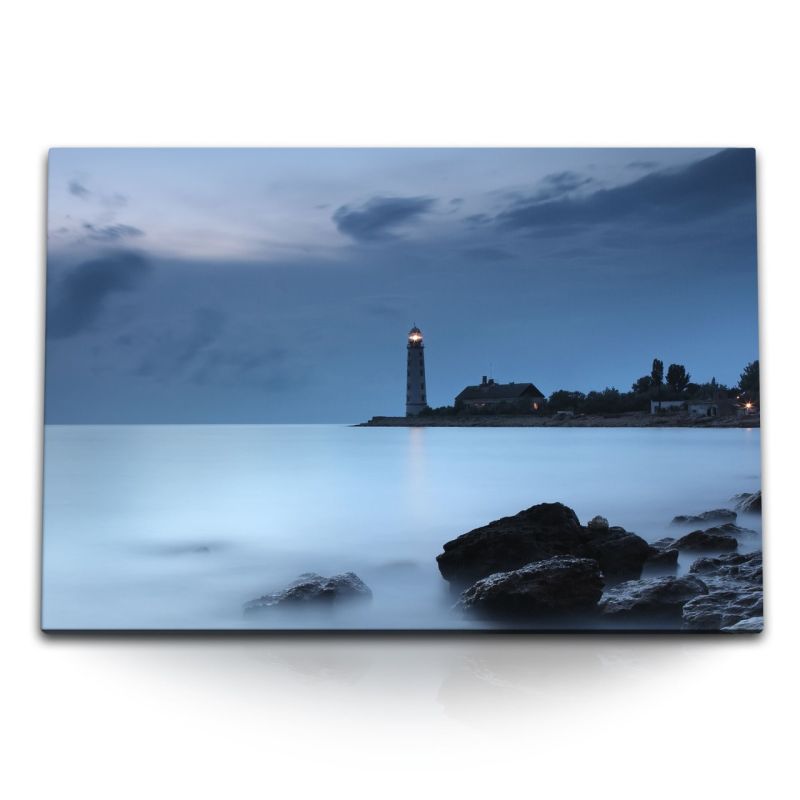 120x80cm Wandbild auf Leinwand Leuchtturm Küste Meer Grau Nebel Felsen Fotokunst