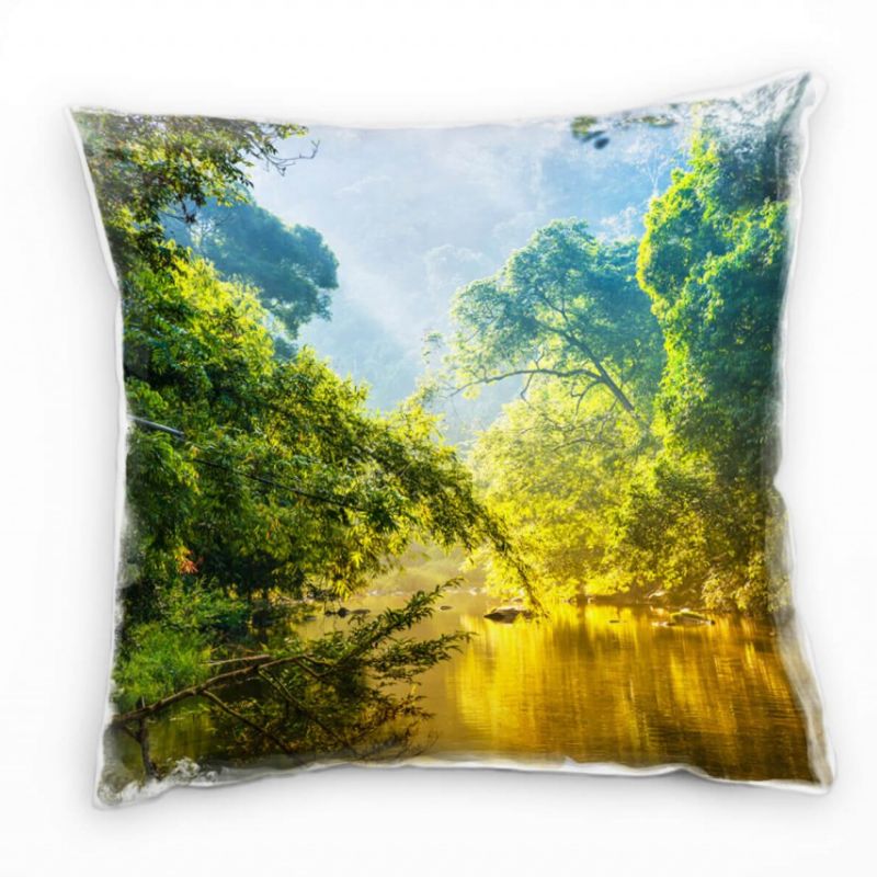 Natur, tropischer Wald, Fluss, orange, grün Deko Kissen 40x40cm für Couch Sofa Lounge Zierkissen