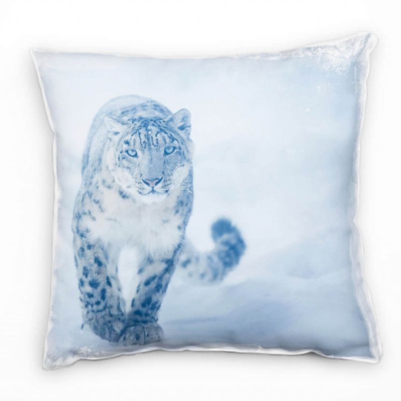 Tiere, Schneeleopard, Schnee, blau, grau Deko Kissen 40x40cm für Couch Sofa Lounge Zierkissen