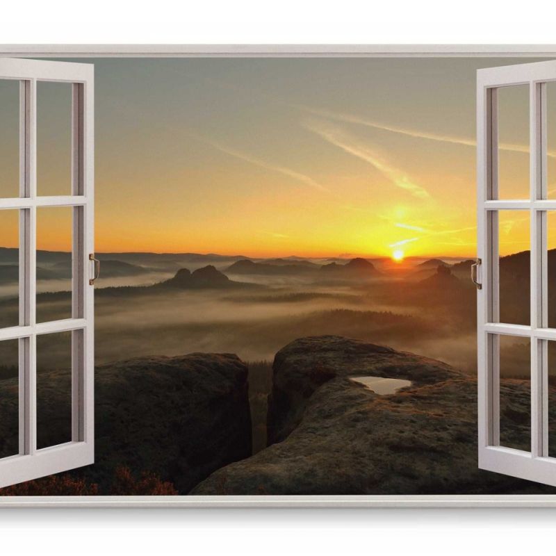 Wandbild 120x80cm Fensterbild Sonnenuntergang Abendrot Berge Nebel Horizont