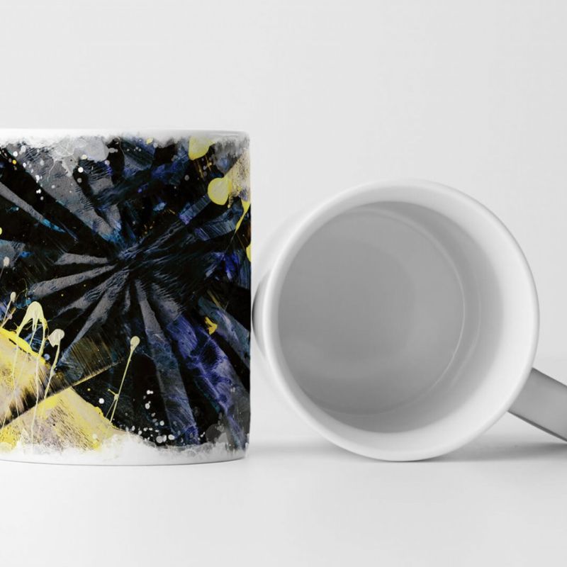 Tasse Geschenk grauer Hintergrund; schwarz, dunkel-blauvioett, gelbe Abstraktionen