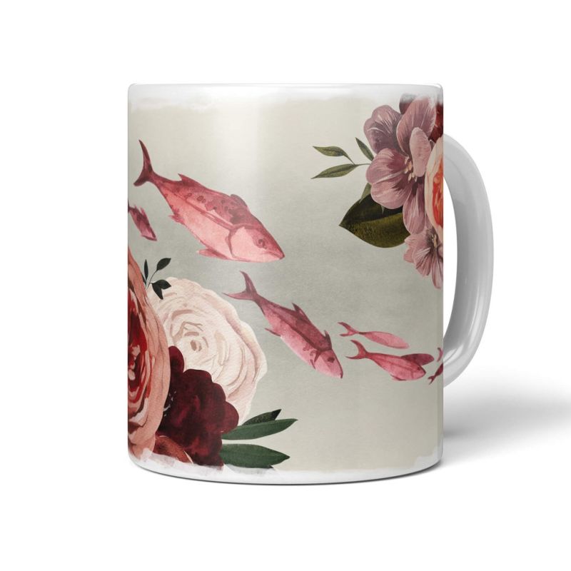 Dekorative Tasse mit schönem Motiv Fische Blumen Rosen Kunstvoll Vintage Rot Aquarell