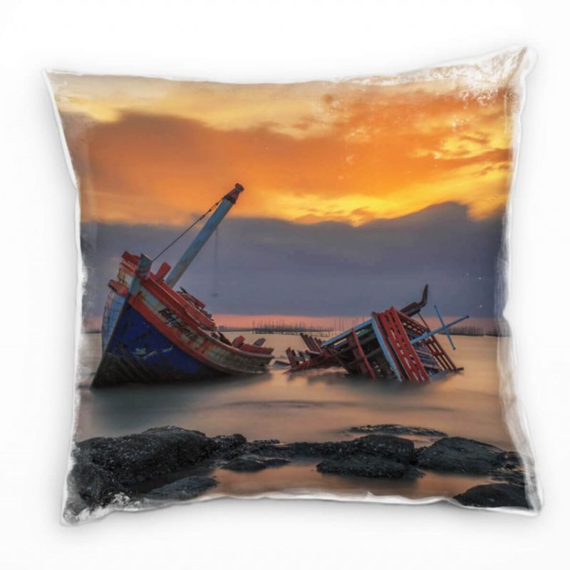 Strand und Meer, Schiffsfrack, grau, orange Deko Kissen 40x40cm für Couch Sofa Lounge Zierkissen