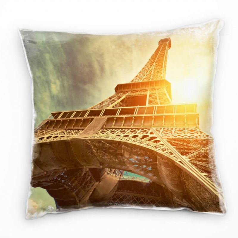 City, Eiffelturm, Paris, Sonne, orange, blau Deko Kissen 40x40cm für Couch Sofa Lounge Zierkissen