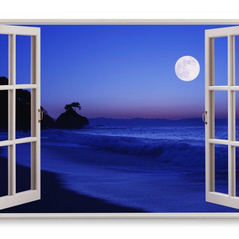 Wandbild 120x80cm Fensterbild Strand Nacht Meer Dunkelblau Blau Vollmond