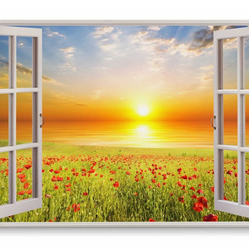 Wandbild 120x80cm Fensterbild Sonnenuntergang Meer Abendrot Horizont Wildblumen