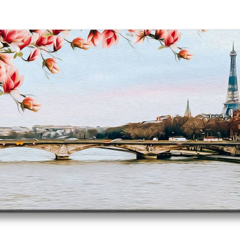 Leinwandbild 120x60cm Paris Eiffelturm Fluss Brücke Romantisch Stadt der Liebe