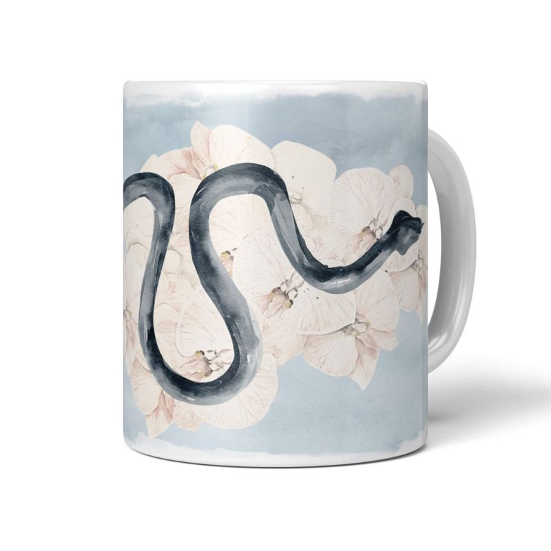 Tasse Porzellan Tier Motiv Schlange Wasserfarben weiße Blüten Aquarell