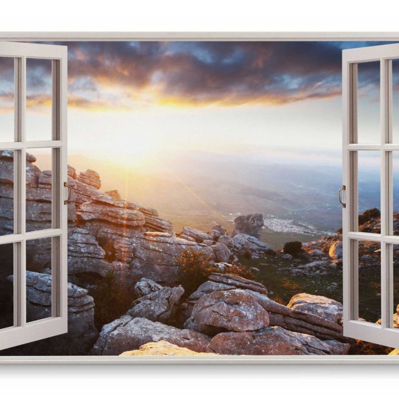 Wandbild 120x80cm Fensterbild Berge Sonnenschein Felsen Natur Landschaft