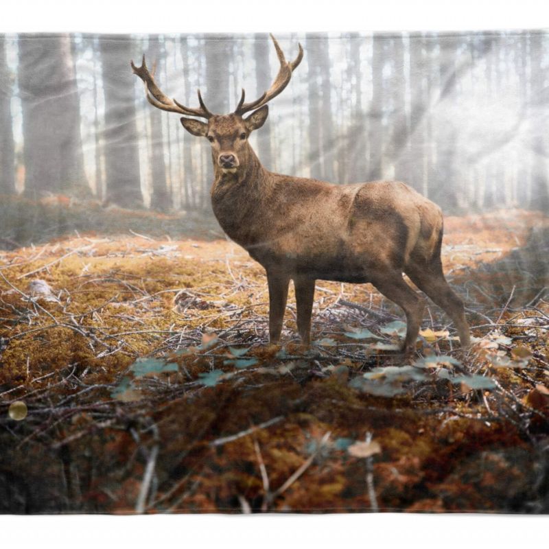 Handtuch Strandhandtuch Saunatuch Kuscheldecke  mit Tiermotiv Hirsch Wald Sonnen