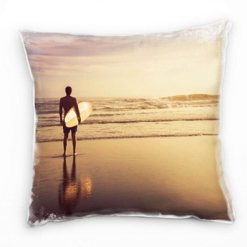 Strand und Meer, Sonnenuntergang, Surfer, orange Deko Kissen 40x40cm für Couch Sofa Lounge Zierkisse