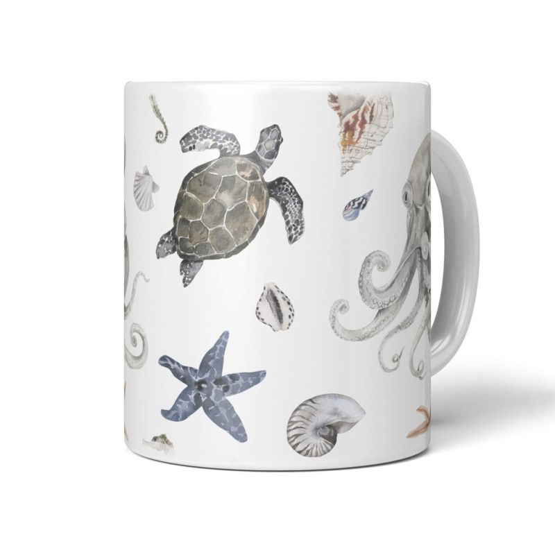 Dekorative Tasse mit schönem Motiv Meerestiere Muster Oktopus Seestern Seeschnecke Muscheln