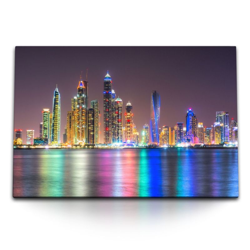 120x80cm Wandbild auf Leinwand Dubai bei Nacht Skyline Stadt Wolkenkratzer