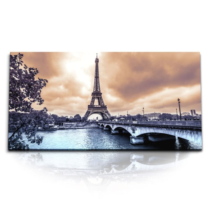 Kunstdruck Bilder 120x60cm Paris Eiffelturm Fluss Steinbrücke Frankreich