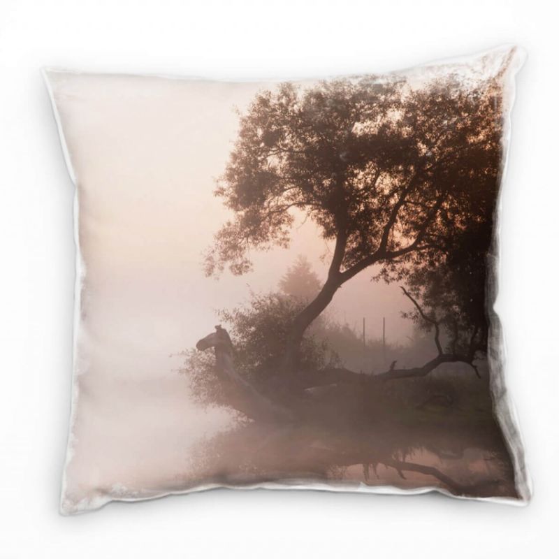 Natur, grau, orange, Baum im Nebel, Sonnenaufgang Deko Kissen 40x40cm für Couch Sofa Lounge Zierkiss