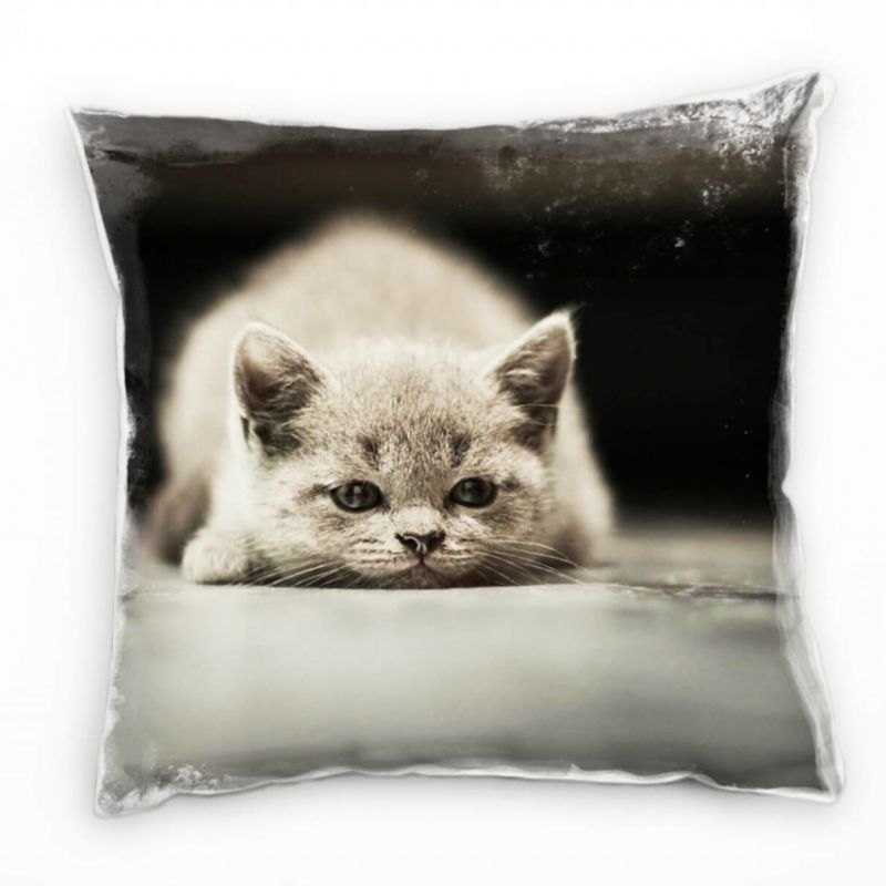 Tiere, grau, braun, liegende Katze Deko Kissen 40x40cm für Couch Sofa Lounge Zierkissen