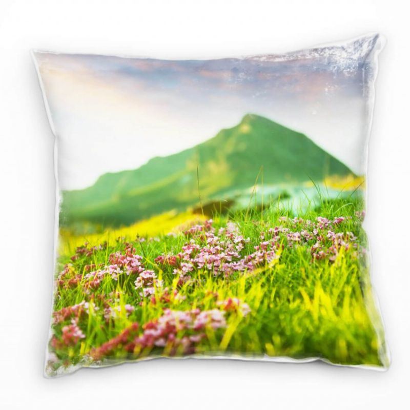 Natur, grün, rosa, Berge, Blumen, Wiese  Deko Kissen 40x40cm für Couch Sofa Lounge Zierkissen