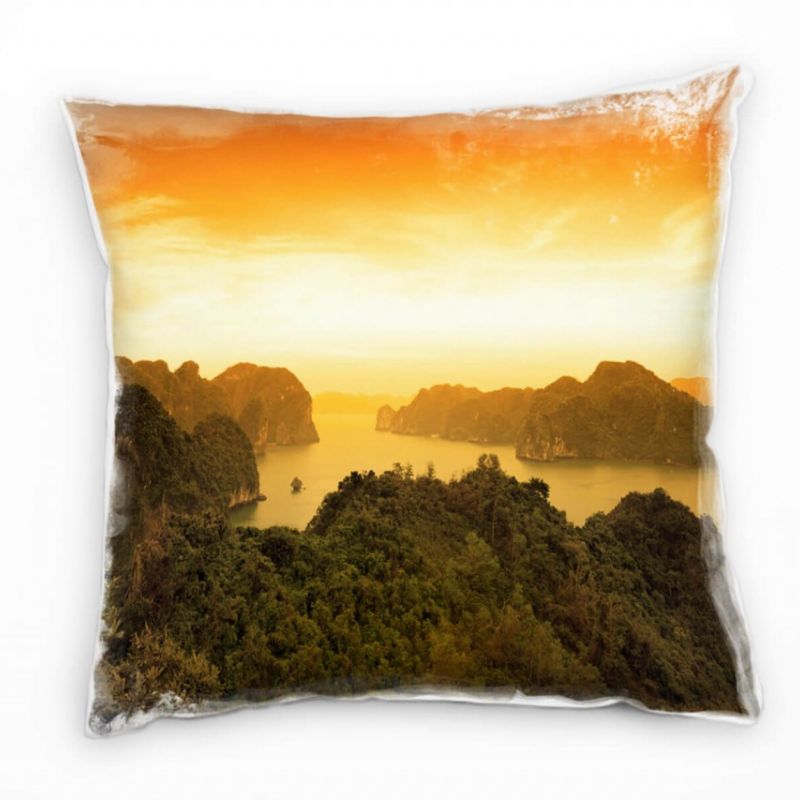 Strand und Meer, Sonnenuntergang, Felsen, orange Deko Kissen 40x40cm für Couch Sofa Lounge Zierkisse