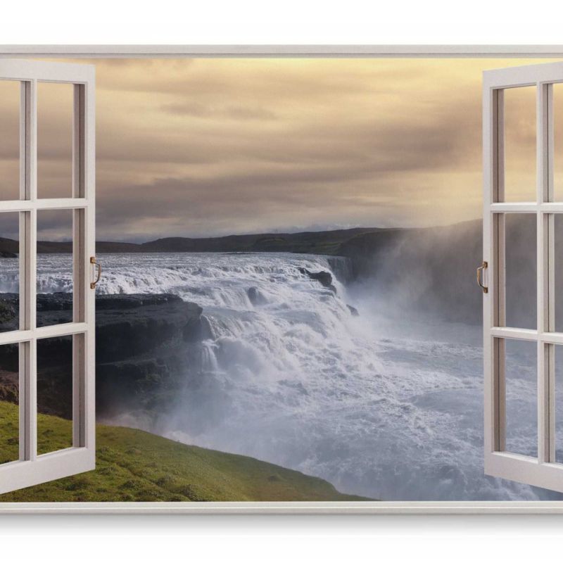 Wandbild 120x80cm Fensterbild Wasserfall Gullfoss Island Natur Wasser Fluss