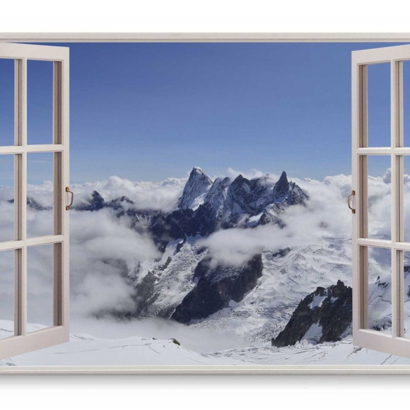 Wandbild 120x80cm Fensterbild Schneegipfel über den Wolken Weiß Berg Schnee