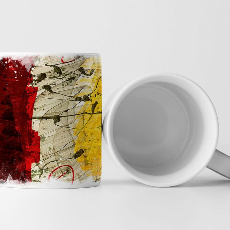 Tasse Geschenk rot-graubraun-gelbe Abstraktion; schwarze Farbkleckse