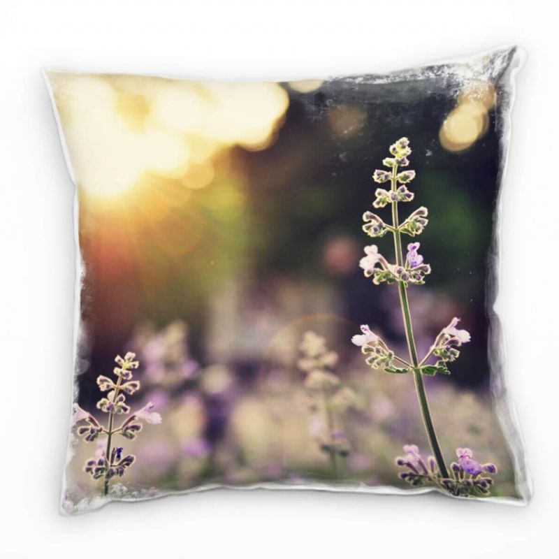 Blumen, lila, gelb, Lavendel in der Sonne, Nah Deko Kissen 40x40cm für Couch Sofa Lounge Zierkissen