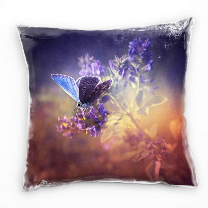 Tiere, Vintage, blau, rot, Schmetterling auf einer Blume Deko Kissen 40x40cm für Couch Sofa Lounge Z