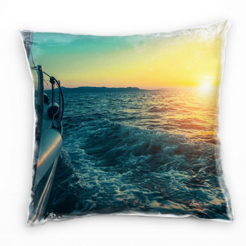 Meer, Segelboot, Sonnenuntergang, orange, blau Deko Kissen 40x40cm für Couch Sofa Lounge Zierkissen