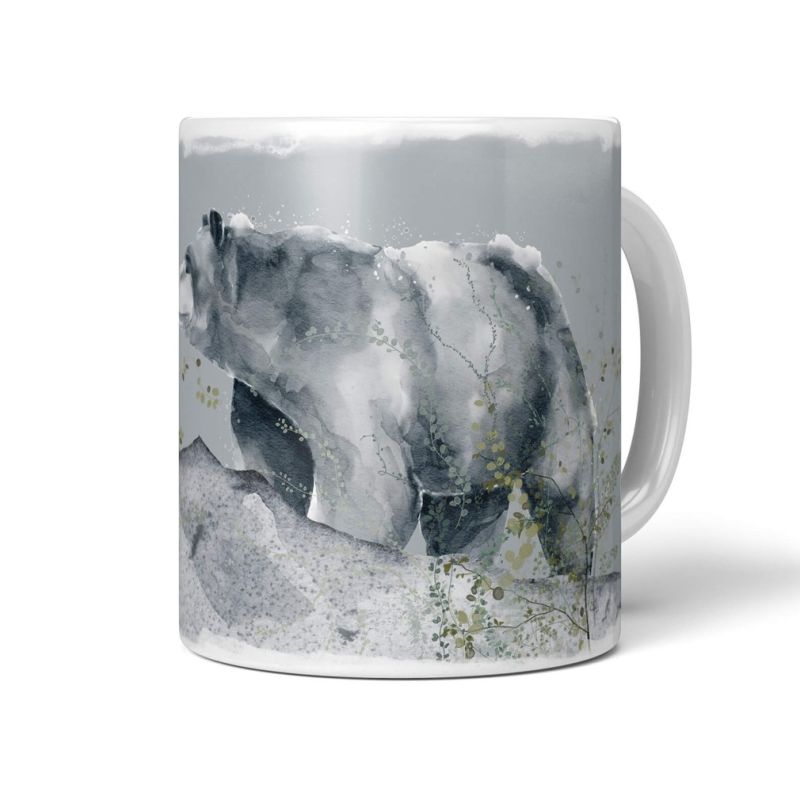 Tasse Porzellan Tier Motiv Bär Aquarell Wasserfarben Äste Gebüsch Natur