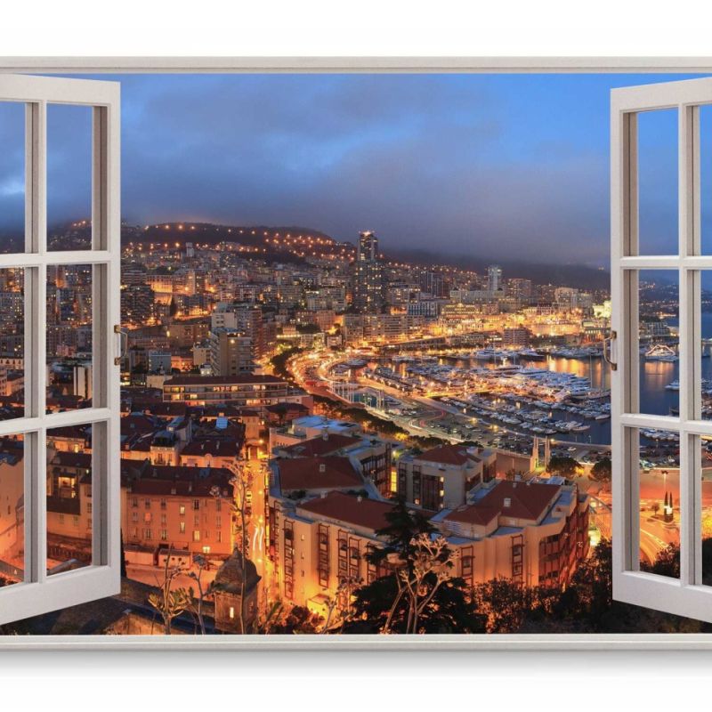 Wandbild 120x80cm Fensterbild Monaco bei Nacht Küste Meer Hafen