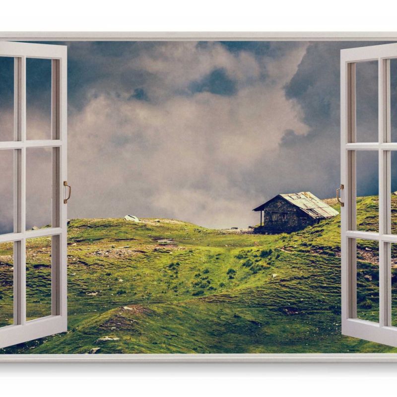 Wandbild 120x80cm Fensterbild Alpen Berge Holzhaus Natur Wolken Scheune