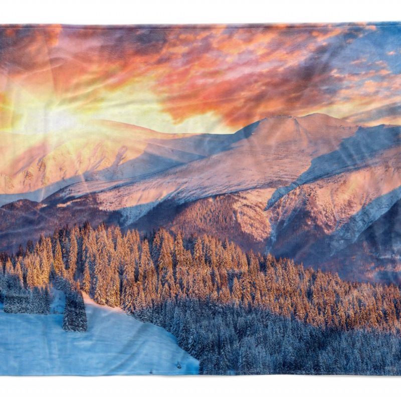 Handtuch Strandhandtuch Saunatuch Kuscheldecke mit Fotomotiv Berge Schnee Tannenwald