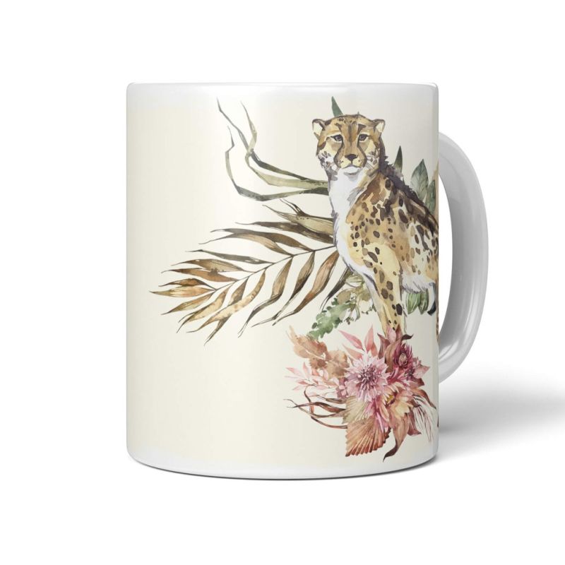 Tasse Porzellan Tier Motiv Gepard Raubkatze Blumen Afrika Wildnis