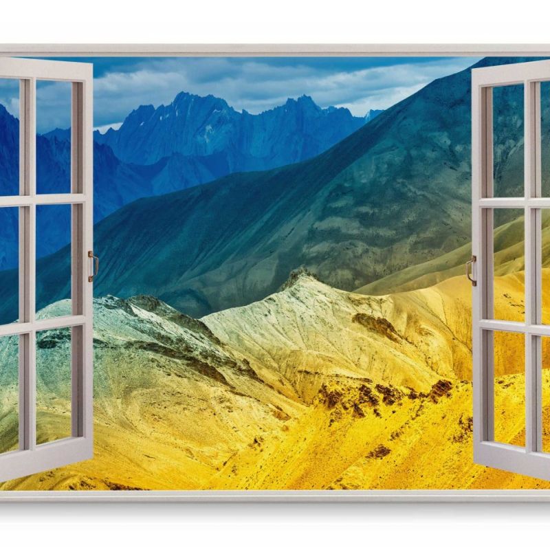 Wandbild 120x80cm Fensterbild Berge Blau Orange Sonnenlicht Gebirge Natur