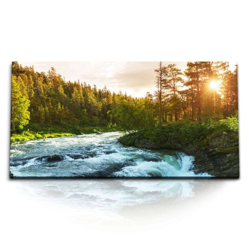 Kunstdruck Bilder 120x60cm Wilder Fluss Natur Wald Sonnenuntergang Sonnenschein