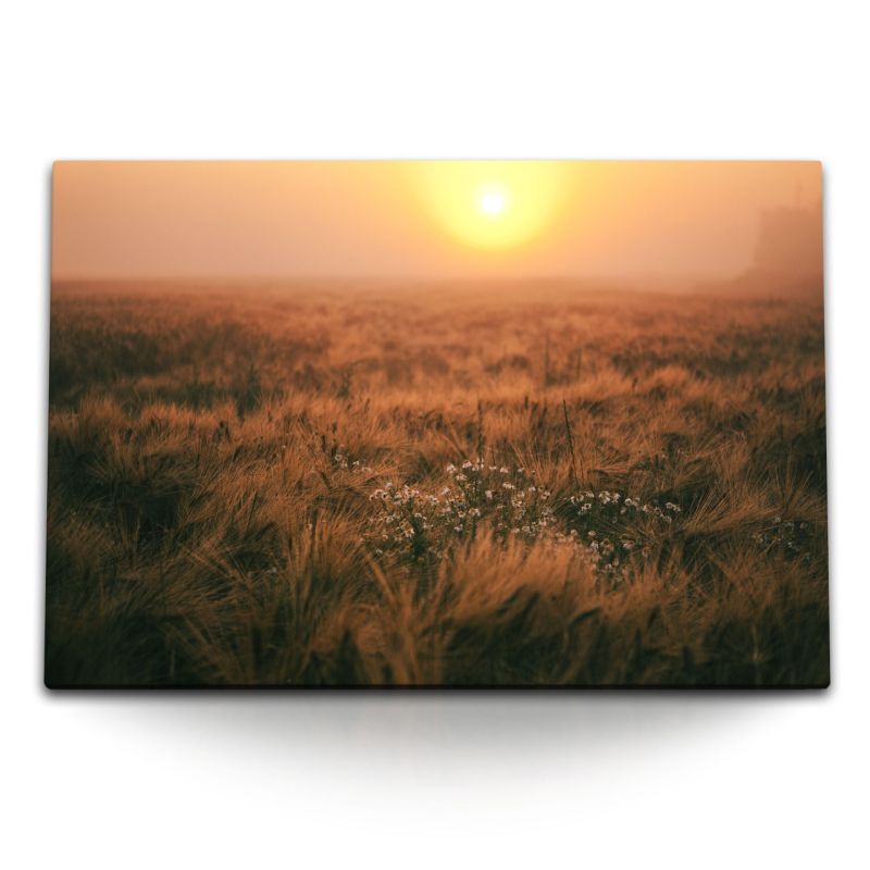 120x80cm Wandbild auf Leinwand Sonnenuntergang Weizenfeld Abendrot Feld Natur