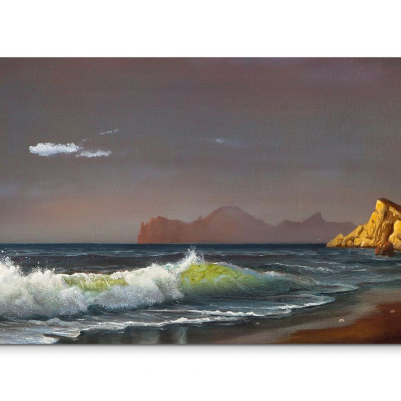 120x80cm Wandbild Ölgemälde Meer Strand Felsen Sonnenuntergang